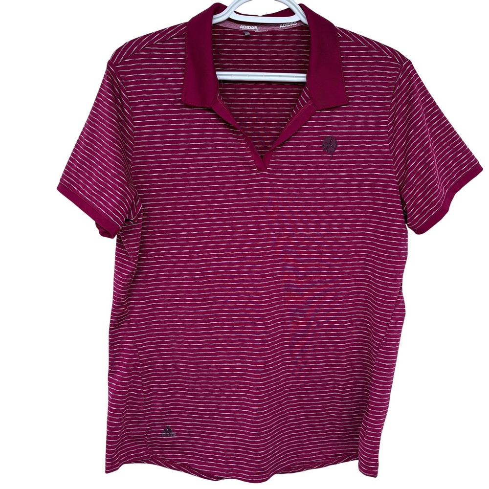 Womens Adidas Golf Polo Shirt Large‎ Maroon White Striped Performance Activewear